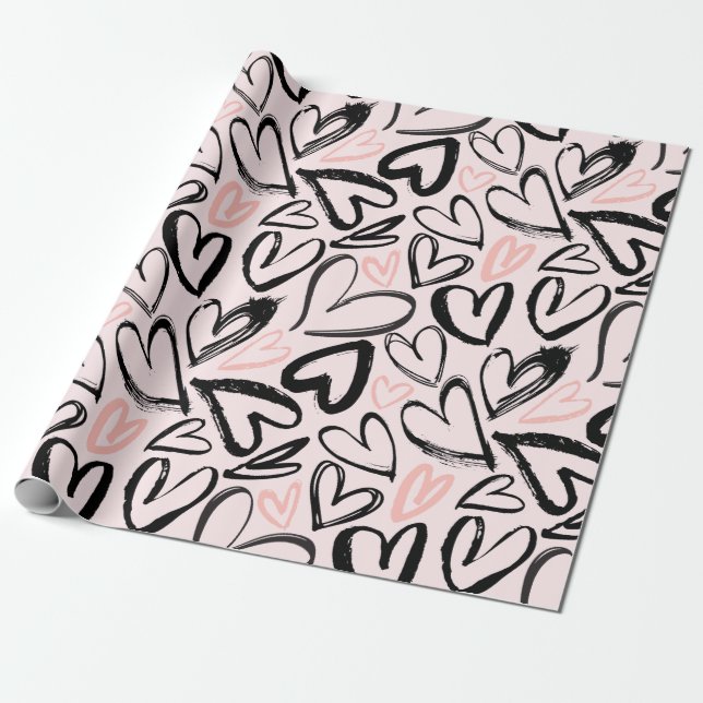 Cute black and pink valentines day hearts wrapping paper (Unrolled)