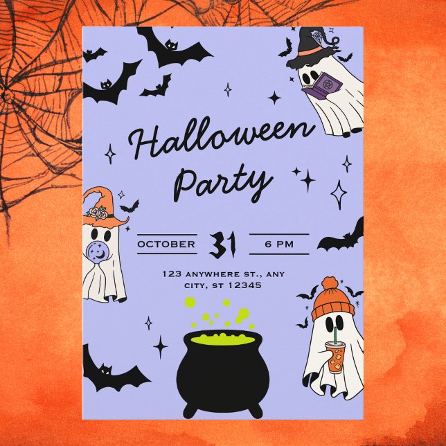 Cute Black and Purple Illustrative Ghost Halloween Invitation (Creator Uploaded)