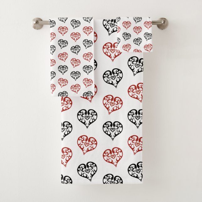 Cute Black and Red Blazing Heart pattern Bath Towel Set (Insitu)