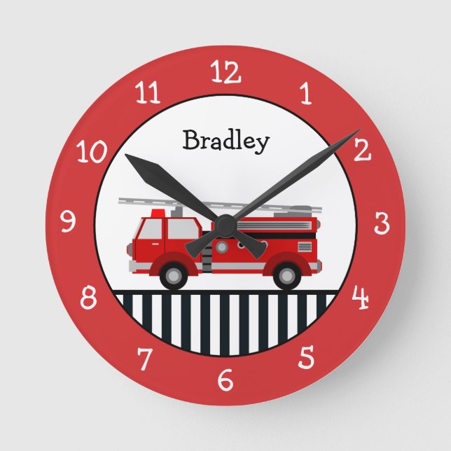 Cute Black and Red Fire Truck Personalised Round C Round Clock (Front)