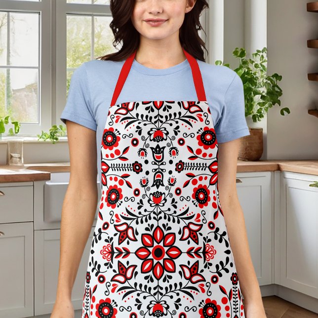 Cute Black And Red Floral Scandinavian Bandanna Apron (Creator Uploaded)