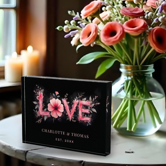 Cute Black and Red Shades Floral Blooms LOVE Word Photo Block (Cute Colorful Red Shades Floral Blooms LOVE Word on Black Background – Perfect Valentine’s Gift.)