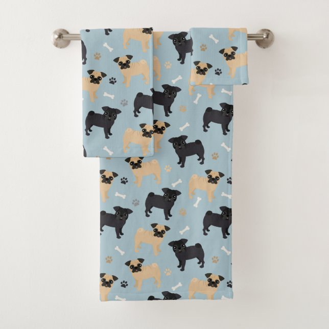 Cute Black and Tan Pugs Pattern Bath Towel Set (Insitu)