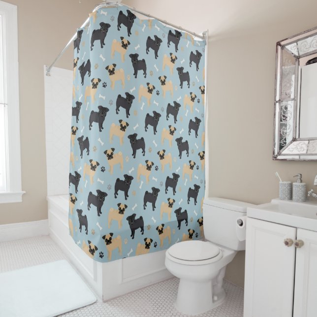 Cute Black and Tan Pugs Pattern Shower Curtain (In Situ)