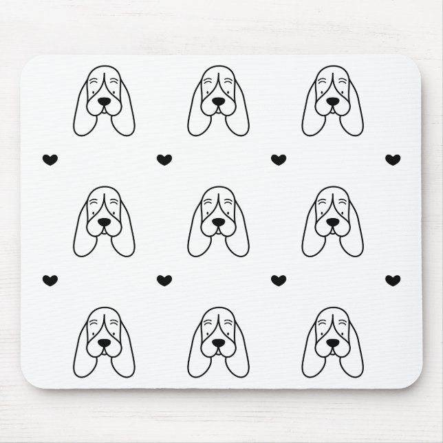 Cute Black and White Basset Hound Heart Pattern Mouse Pad (Front)