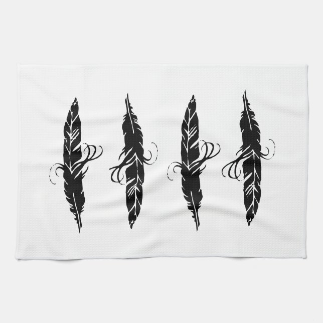 Cute Black and White Boho Feather Pattern Tea Towel (Horizontal)