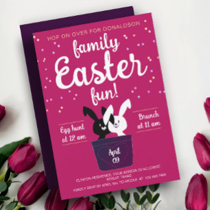 Cute Black And White  Bunnies Magenta Easter Party Invitation