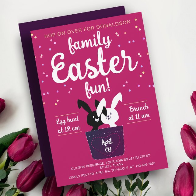 Cute Black And White  Bunnies Magenta Easter Party Invitation (Creator Uploaded)