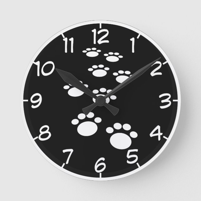 Cute Black And White Cartoon Pet Paw Trail Round Clock (Front)