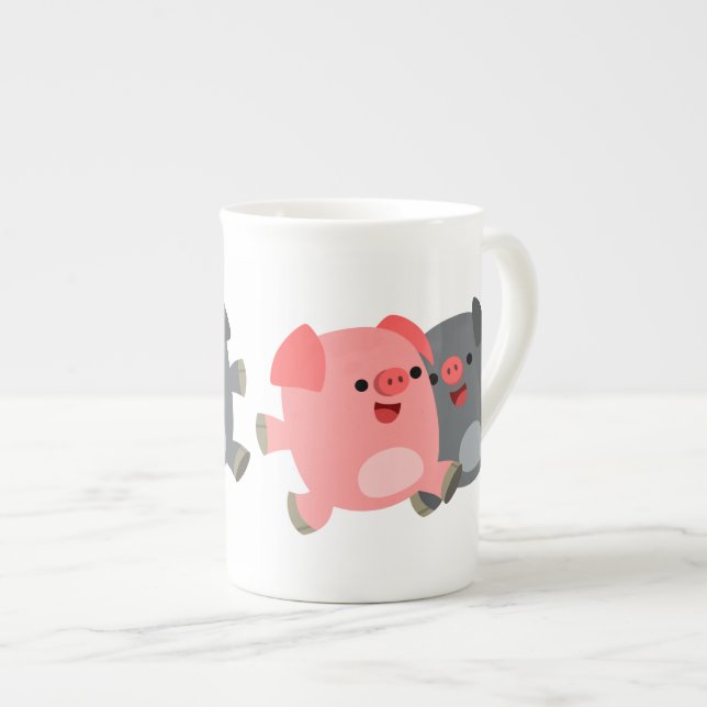 Cute Black And White Cartoon Pigs Bone China Mug (Front Right)