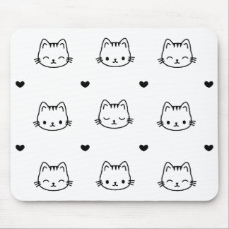 Cute Black and White Cat and Heart Pattern Mouse Pad