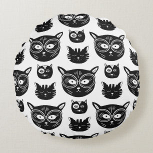 Cute Black and White Cat Faces Pattern Round Cushion