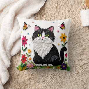 Cute Black and White Cat, Flowers and Butterflies Cushion