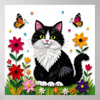 Cute Black and White Cat, Flowers and Butterflies