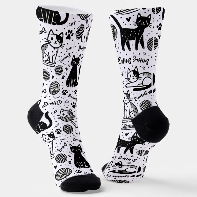 Cute Black and White Cat Pattern Socks  Minimalist (Angled)