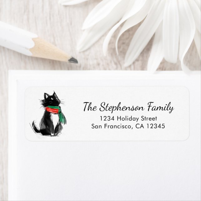 Cute Black and White Cat Sketch Return Address Label (Insitu)