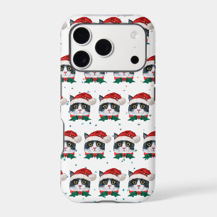 Cute Black and White Cat With Santa Hat Christmas