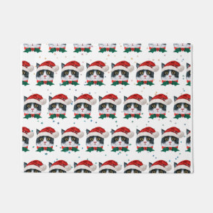Cute Black and White Cat With Santa Hat Christmas Doormat