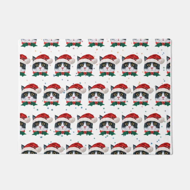 Cute Black and White Cat With Santa Hat Christmas Doormat (Front)