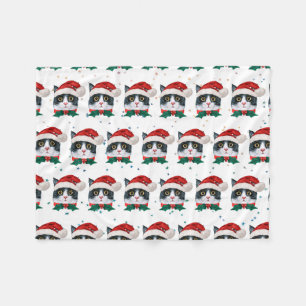 Cute Black and White Cat With Santa Hat Christmas Fleece Blanket