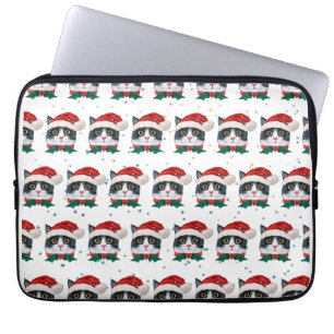 Cute Black and White Cat With Santa Hat Christmas Laptop Sleeve
