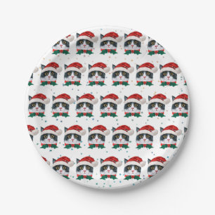 Cute Black and White Cat With Santa Hat Christmas Paper Plate