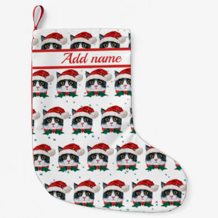 Cute Black and White Cat With Santa Hat Christmas Small Christmas Stocking