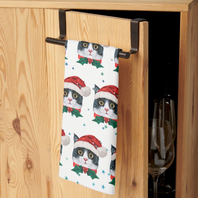 Cute Black and White Cat With Santa Hat Christmas Tea Towel (Thirds Fold)