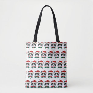 Cute Black and White Cat With Santa Hat Christmas Tote Bag