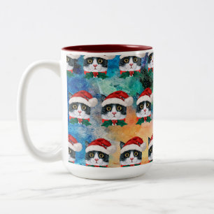 Cute Black and White Christmas Cat Faces Pattern Two-Tone Coffee Mug