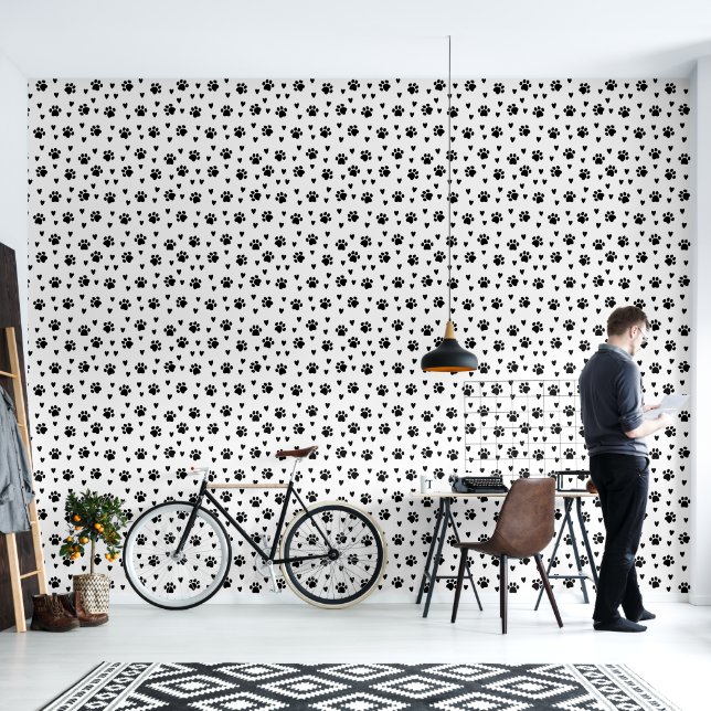 Cute Black and White Dog Paw Pattern Wallpaper (Living Room)