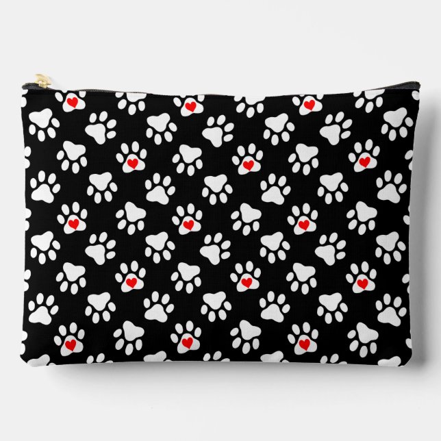 Cute Black and White Dog Paws With Hearts Pattern Accessory Pouch (Front)