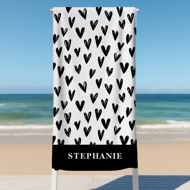 Cute Black And White Doodle Hearts Personalised Beach Towel (Creator Uploaded)