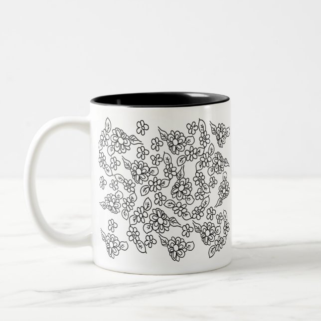Cute black and white floral pattern Two-Tone coffee mug (Left)