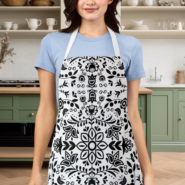 Cute Black And White Floral Scandinavian Bandanna Apron (Creator Uploaded)