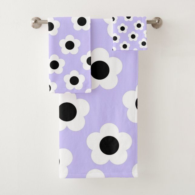 Cute Black and White Flower With Blue Background Bath Towel Set (Insitu)