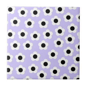 Cute Black and White Flower With Blue Background Ceramic Tile