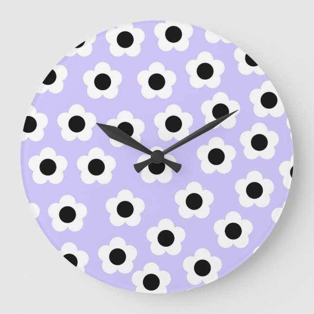 Cute Black and White Flower With Blue Background Large Clock (Front)