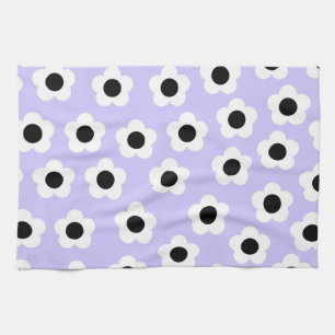 Cute Black and White Flower With Blue Background Tea Towel