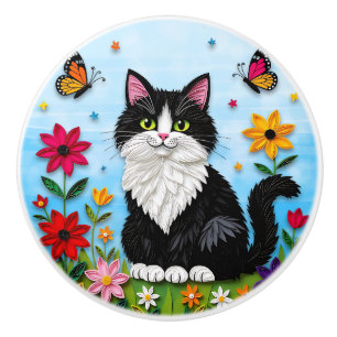 Cute Black and White Folk Art Cat and Flowers Ceramic Knob