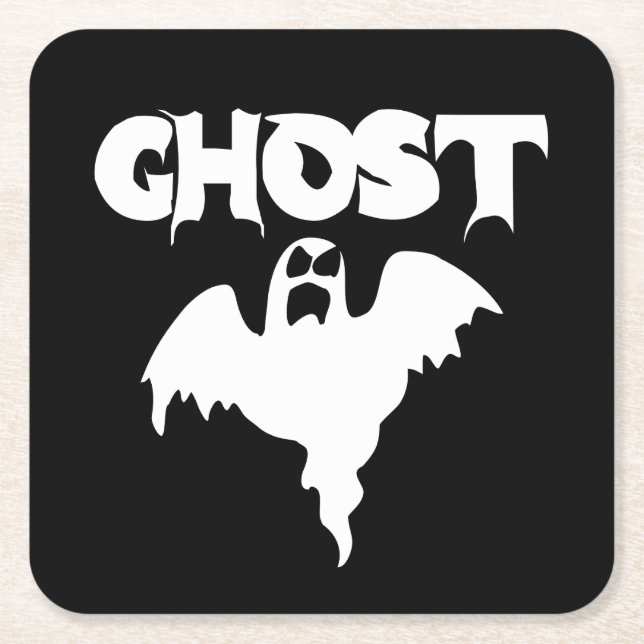 Cute Black And White Ghost Halloween Square Paper Coaster (Front)
