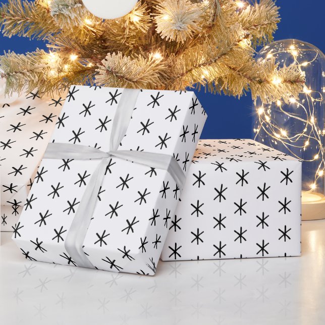 Cute black and white hand drawn snowflakes stars  wrapping paper (Holidays)