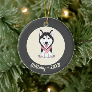 Cute black and white husky dog ceramic ornament