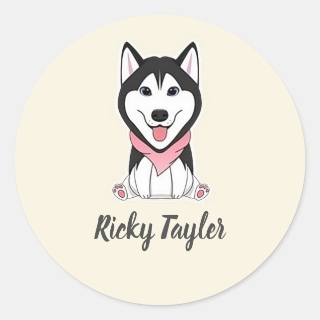 Cute black and white husky dog classic round sticker (Front)