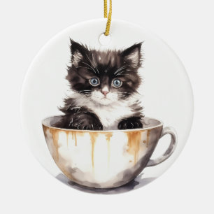CUTE BLACK AND WHITE KITTEN IN TEACUP CERAMIC ORNAMENT