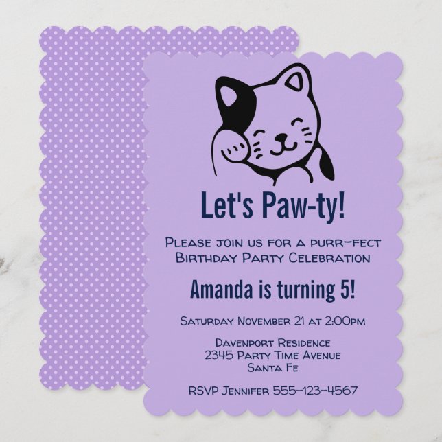 Cute Black and White Kitty Cat Waving -  Birthday Invitation (Front/Back)