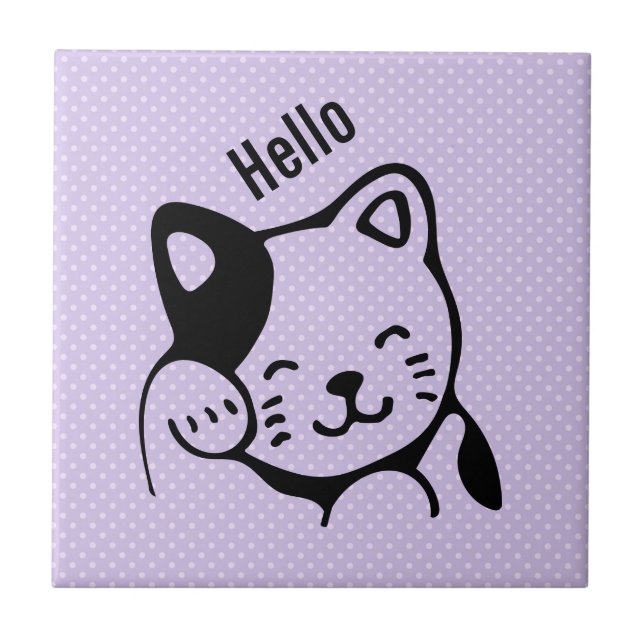Cute Black and White Kitty Cat Waving Hello Ceramic Tile (Front)
