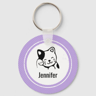 Cute Black and White Kitty Cat Waving Hello Key Ring