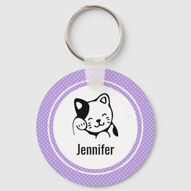 Cute Black and White Kitty Cat Waving Hello Key Ring (Front)