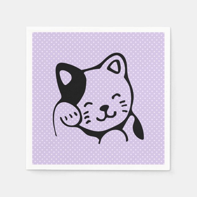 Cute Black and White Kitty Cat Waving Hello Napkin (Front)